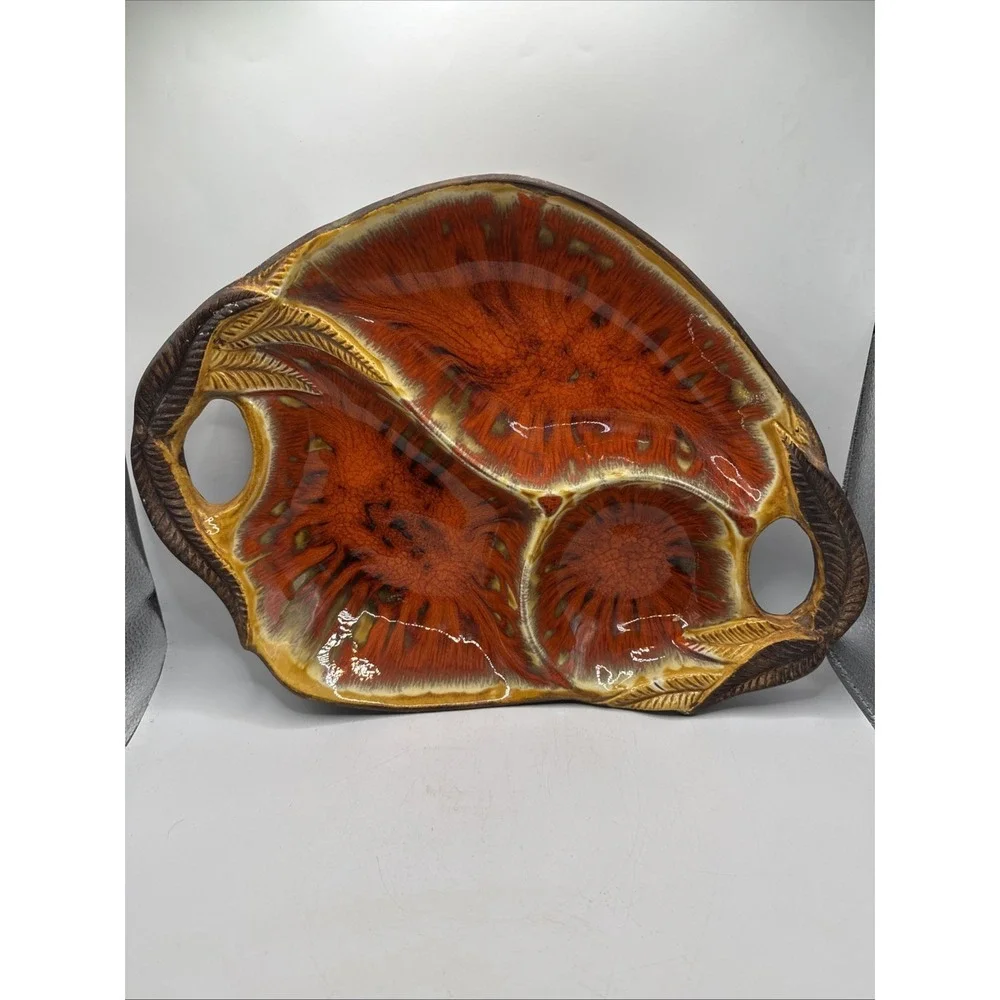 Vintage MCM Glazed‎ Divided Pottery Platter Chip Dip Orange & Brown Centerpiece